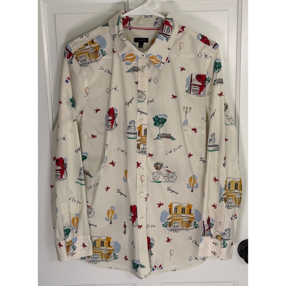 Talbots Womens Large Paris French Cafe Novelty Print Cotton Button Down Shirt